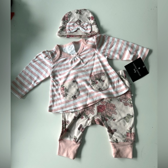Laura Ashley Pink Cream Floral and Striped Baby 3 Piece Set - Picture 1 of 5